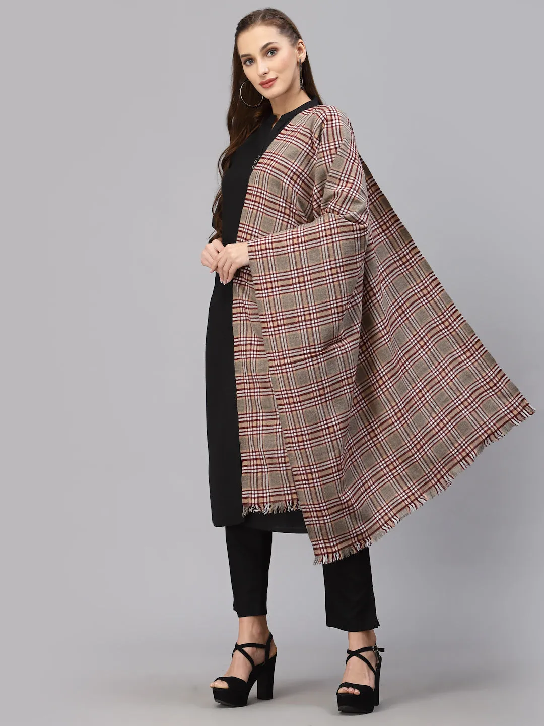 Style Quotient Women Camel Brown Checked Woven-Design Shawl