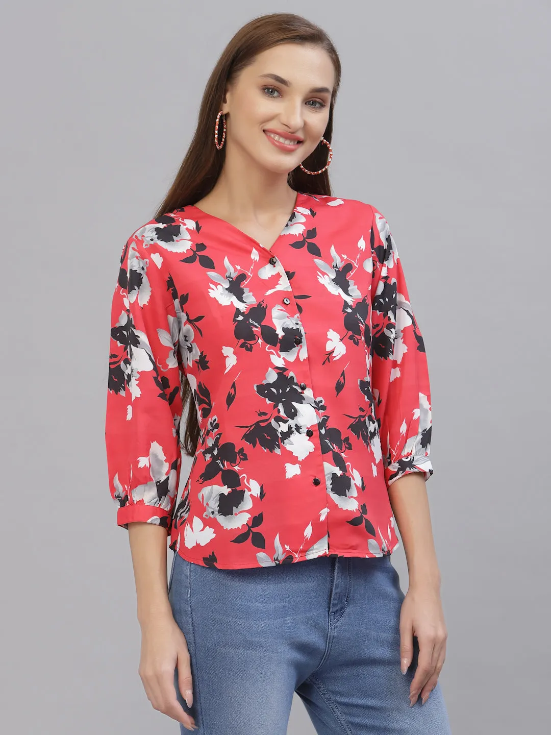 Style Quotient Women Coral & Black Floral Printed Top