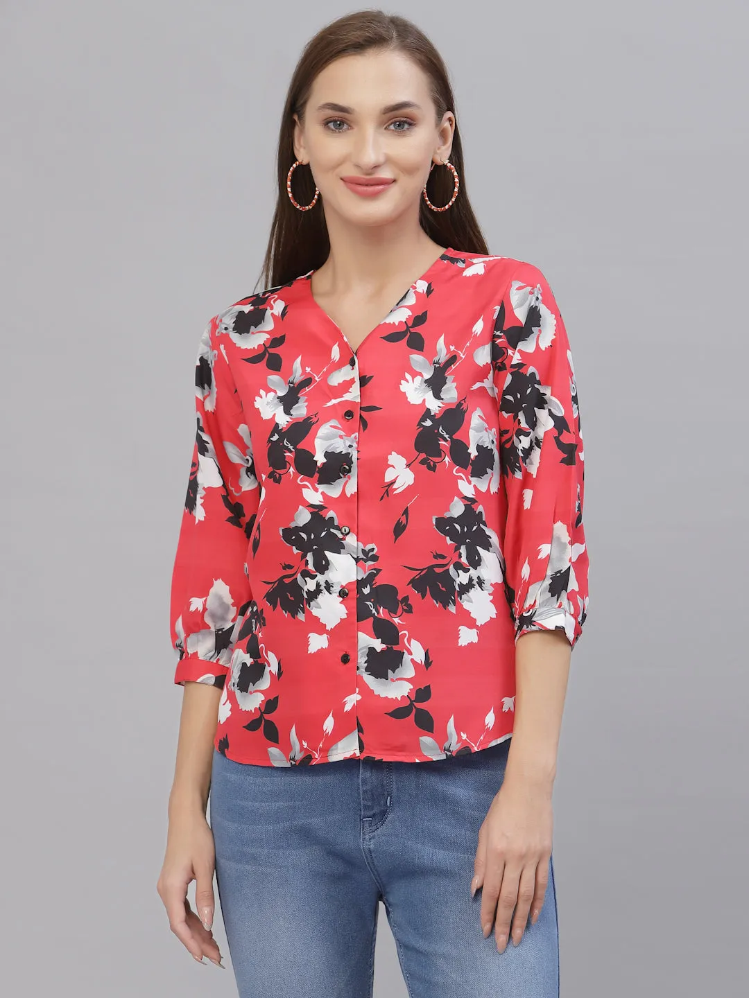 Style Quotient Women Coral & Black Floral Printed Top