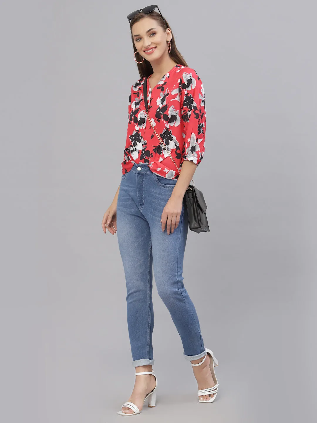 Style Quotient Women Coral & Black Floral Printed Top