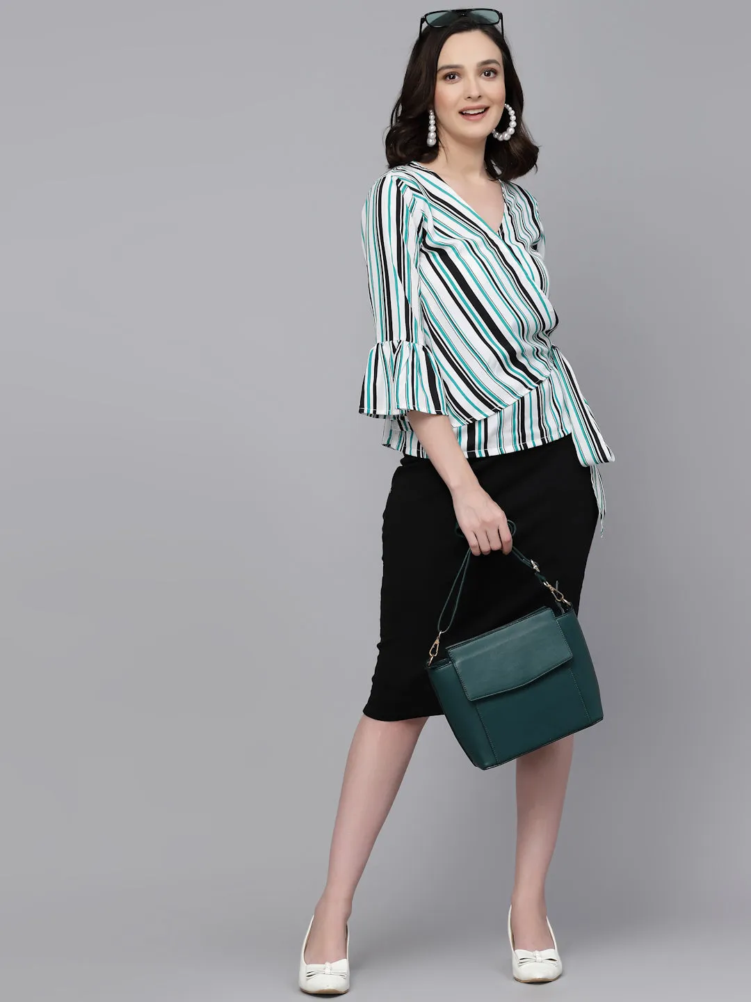 Style Quotient Women Green And White Polka Polyester Smart Casual Top