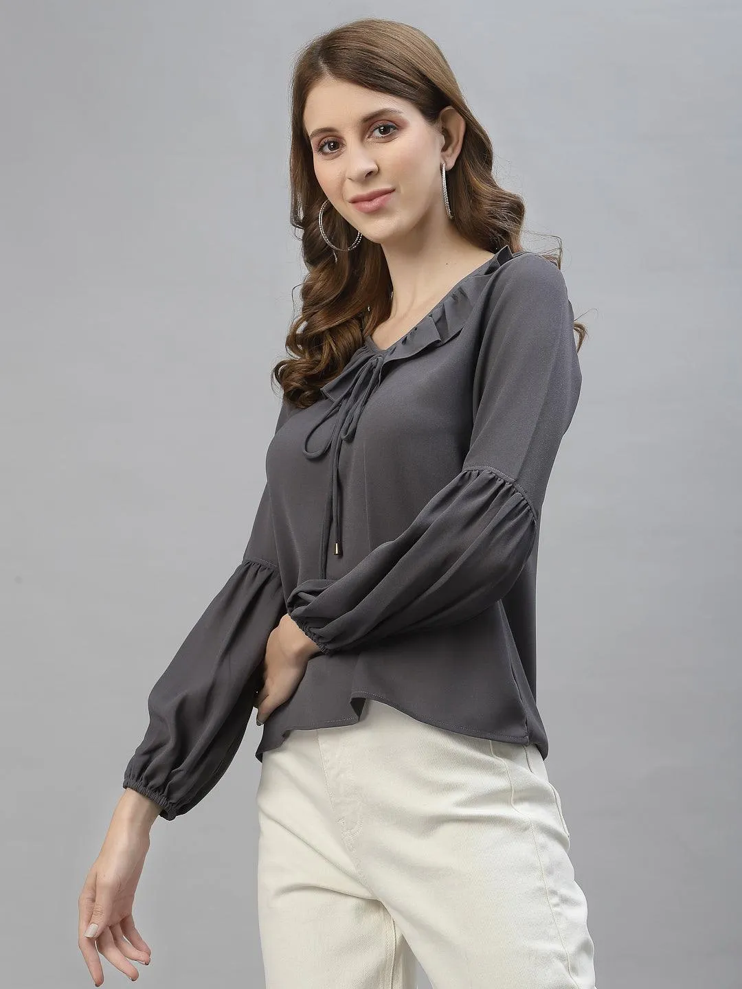 Style Quotient Women Grey Tie-Up Neck Crepe Top