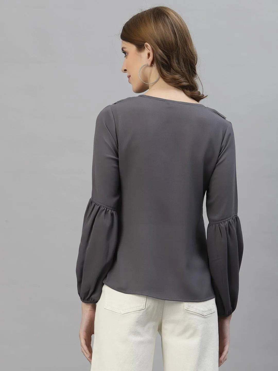 Style Quotient Women Grey Tie-Up Neck Crepe Top