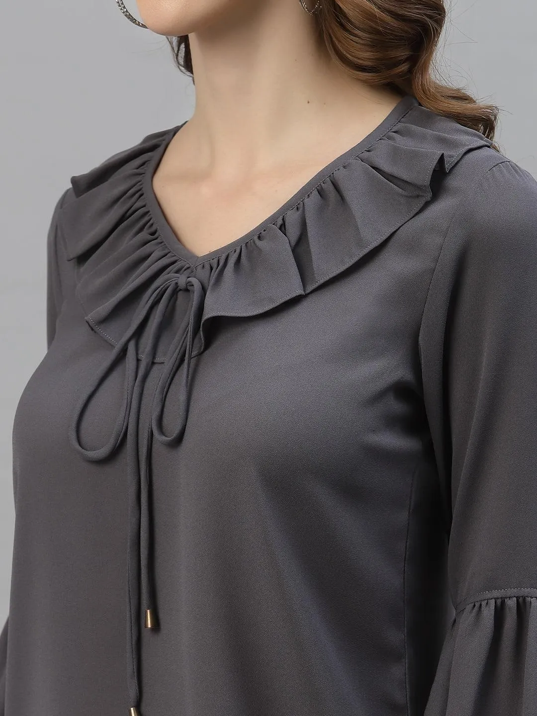 Style Quotient Women Grey Tie-Up Neck Crepe Top