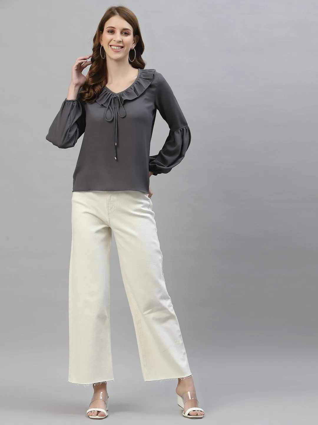 Style Quotient Women Grey Tie-Up Neck Crepe Top