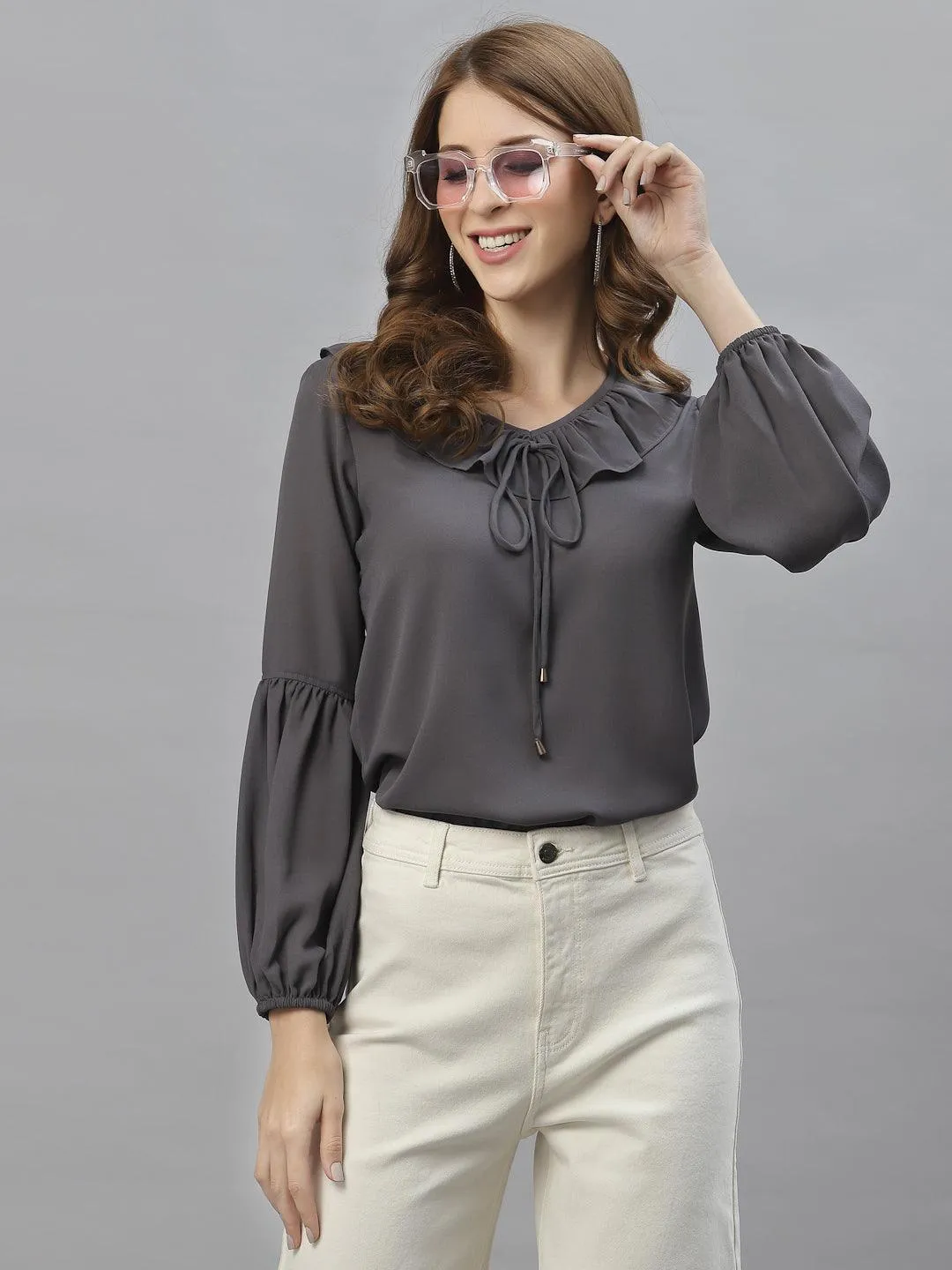 Style Quotient Women Grey Tie-Up Neck Crepe Top