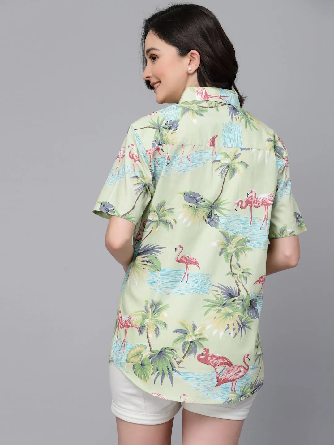 Style Quotient Women Light Green Tropical Print Oversize Smart Casual Shirt