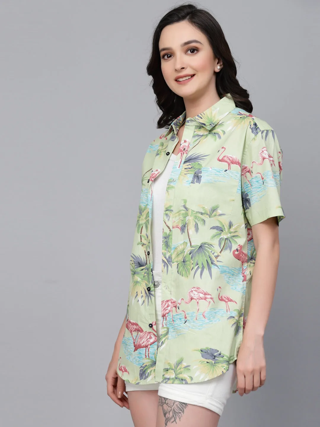 Style Quotient Women Light Green Tropical Print Oversize Smart Casual Shirt