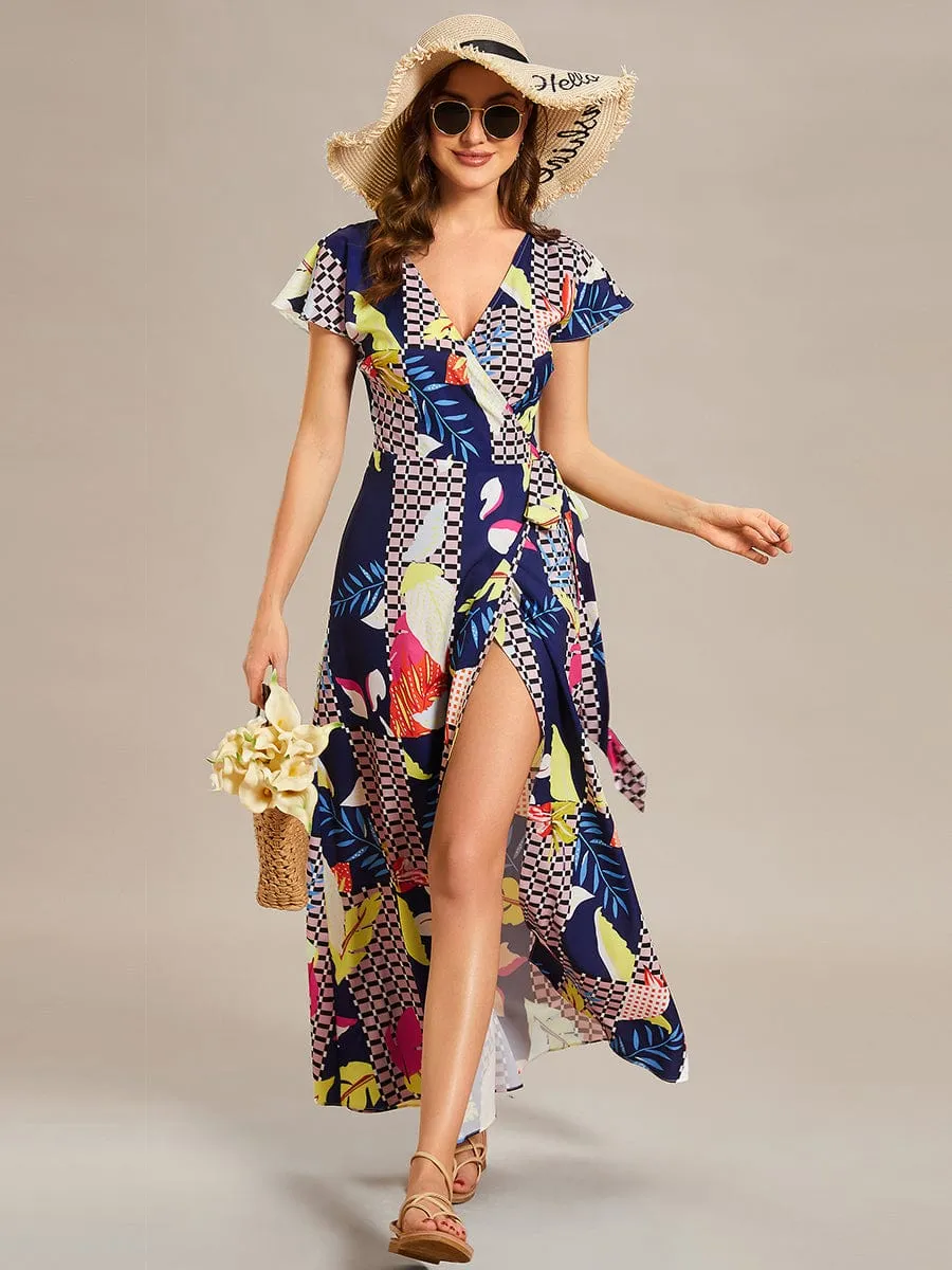 Summer One-Piece Printed Short Sleeve Tie-Waist Wedding Guest Dress