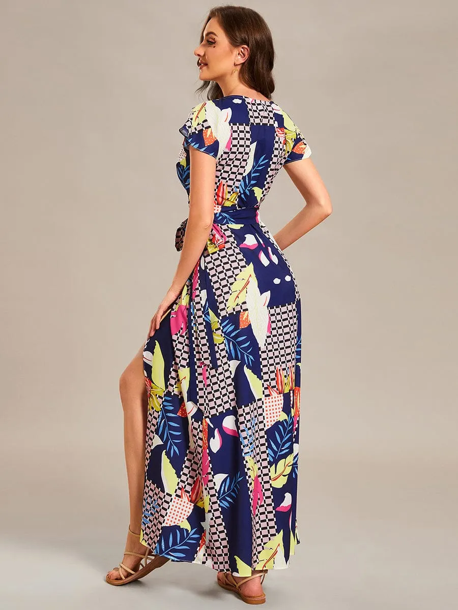 Summer One-Piece Printed Short Sleeve Tie-Waist Wedding Guest Dress