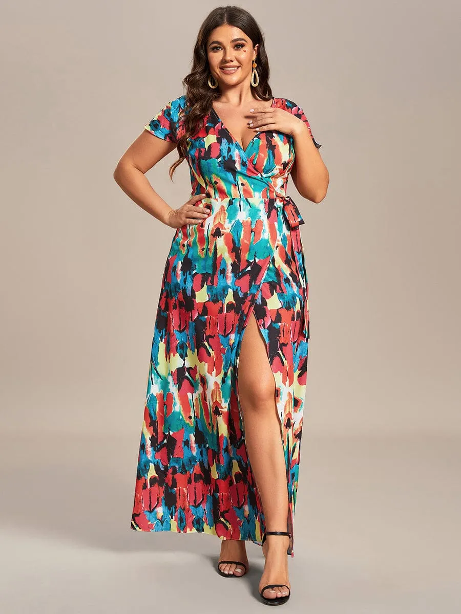 Summer One-Piece Printed Short Sleeve Tie-Waist Wedding Guest Dress