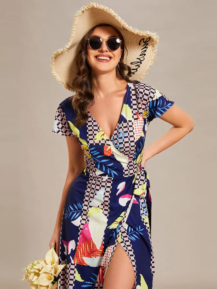 Summer One-Piece Printed Short Sleeve Tie-Waist Wedding Guest Dress