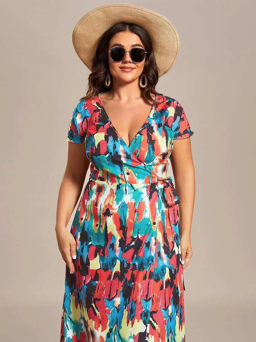 Summer One-Piece Printed Short Sleeve Tie-Waist Wedding Guest Dress