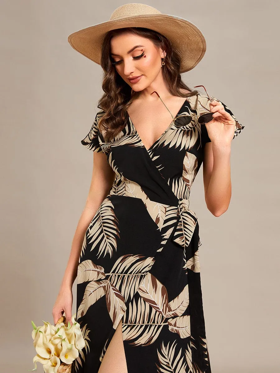 Summer One-Piece Printed Short Sleeve Tie-Waist Wedding Guest Dress