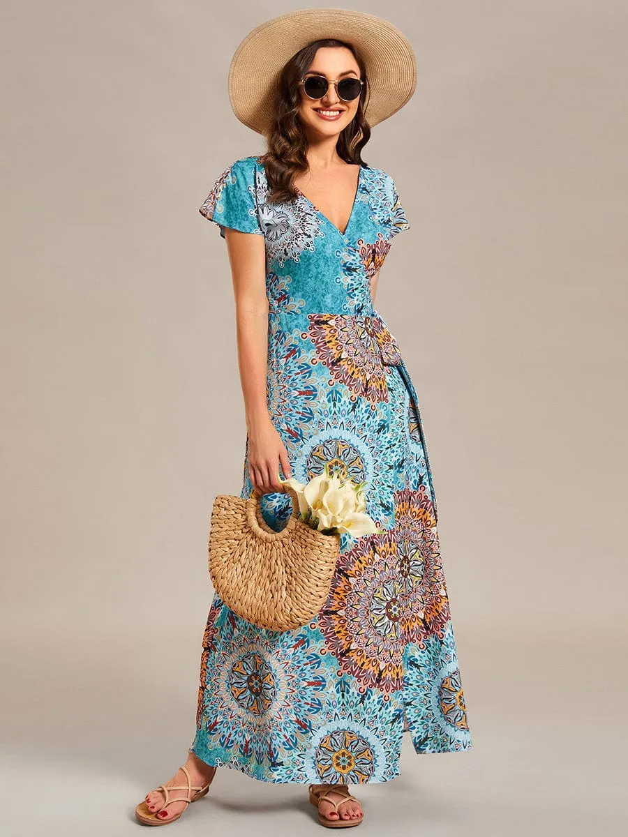 Summer One-Piece Printed Short Sleeve Tie-Waist Wedding Guest Dress