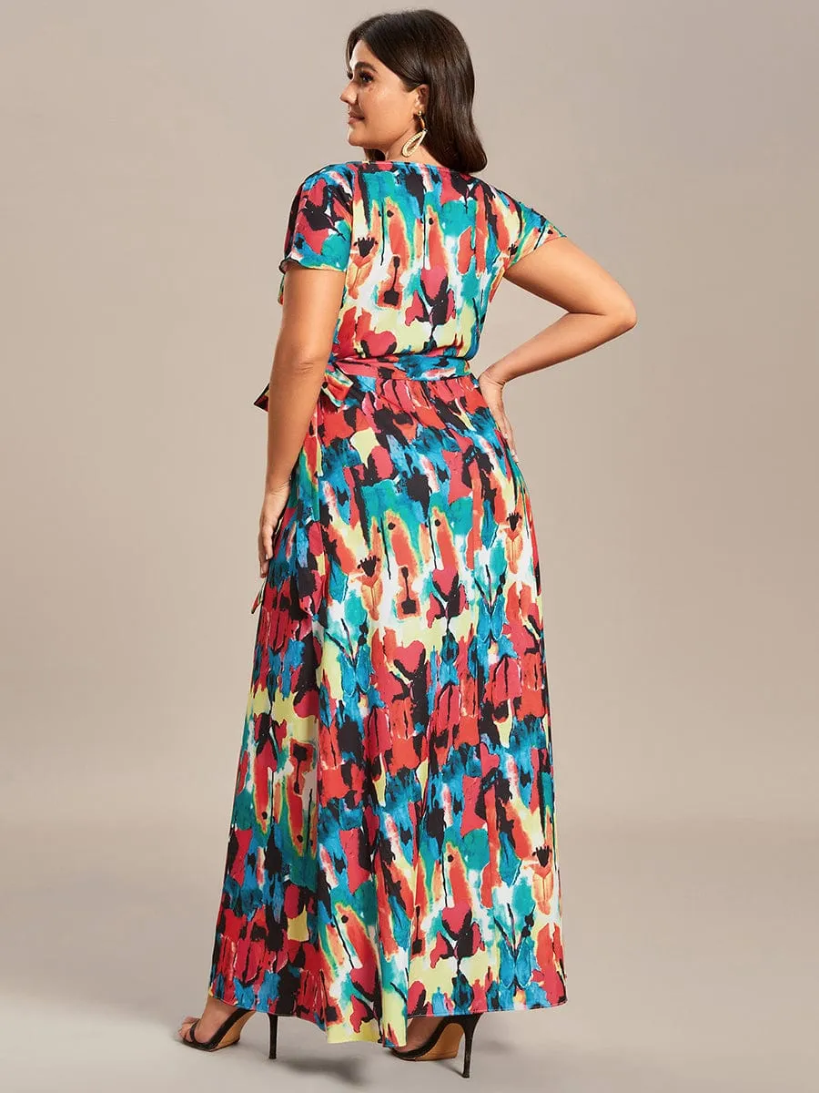 Summer One-Piece Printed Short Sleeve Tie-Waist Wedding Guest Dress