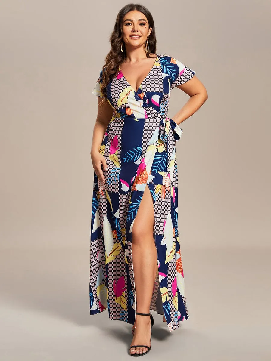 Summer One-Piece Printed Short Sleeve Tie-Waist Wedding Guest Dress