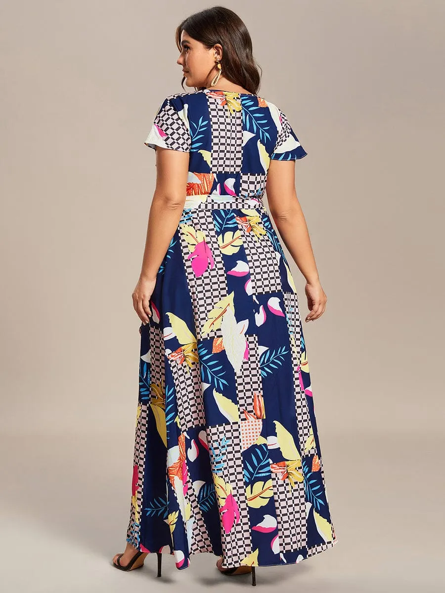 Summer One-Piece Printed Short Sleeve Tie-Waist Wedding Guest Dress