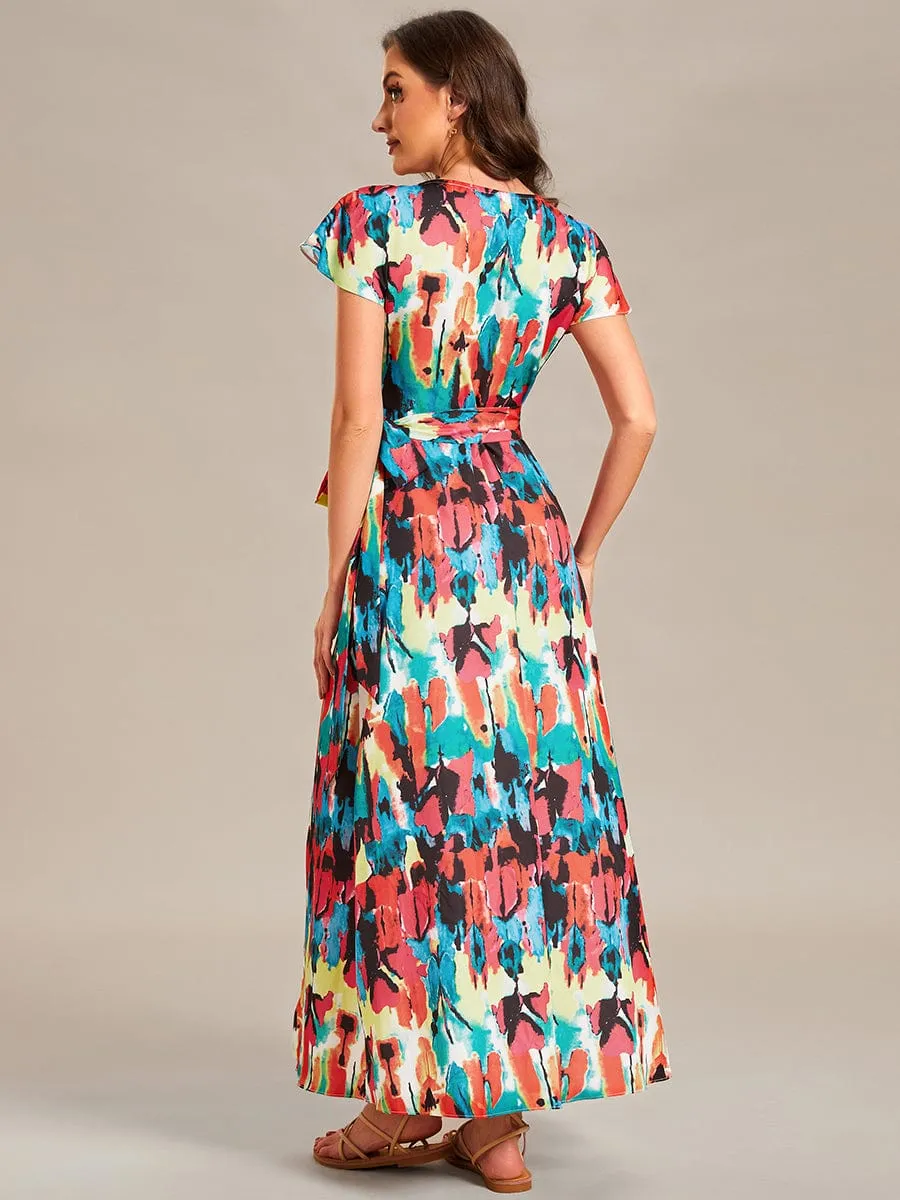 Summer One-Piece Printed Short Sleeve Tie-Waist Wedding Guest Dress