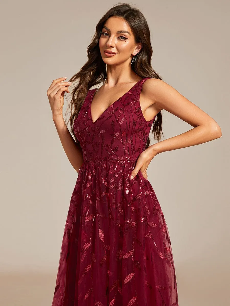 V-Neck Leaf Sequined Sleeveless A-Line Midi Wedding Guest Dress