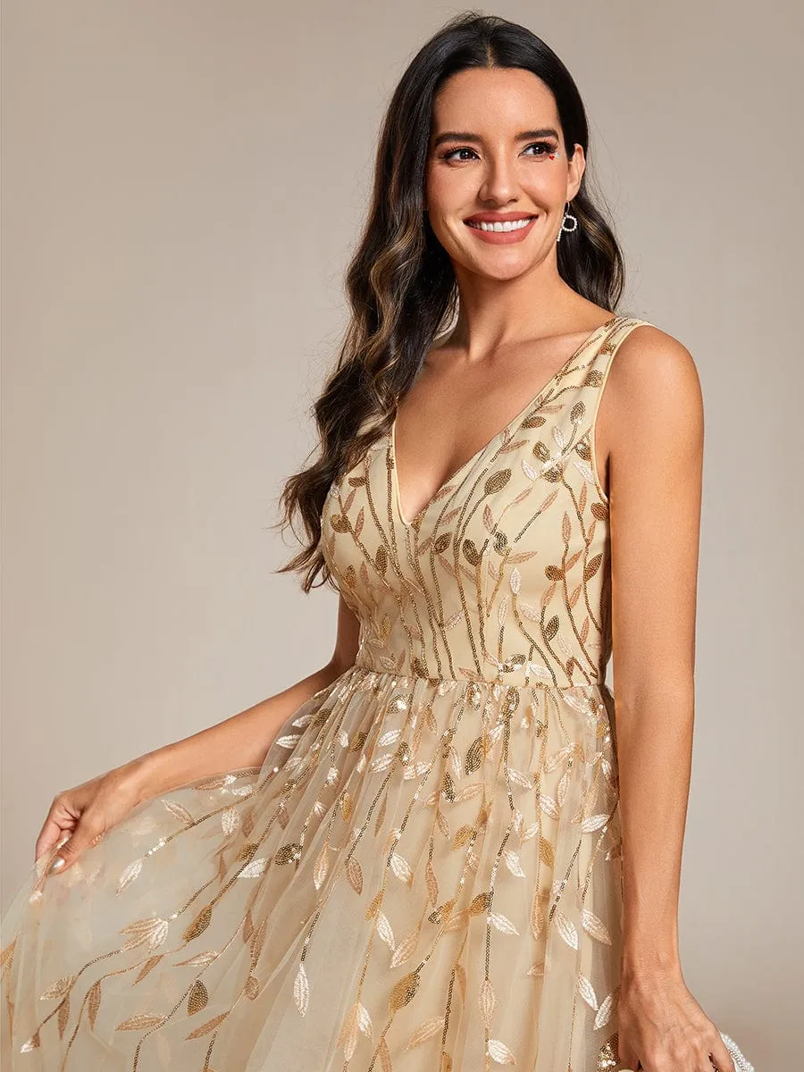 V-Neck Leaf Sequined Sleeveless A-Line Midi Wedding Guest Dress