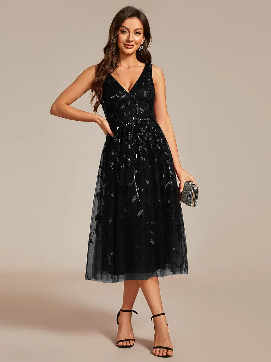 V-Neck Leaf Sequined Sleeveless A-Line Midi Wedding Guest Dress