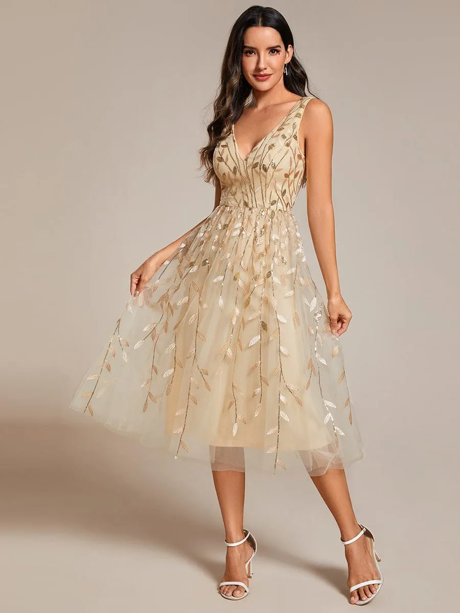 V-Neck Leaf Sequined Sleeveless A-Line Midi Wedding Guest Dress