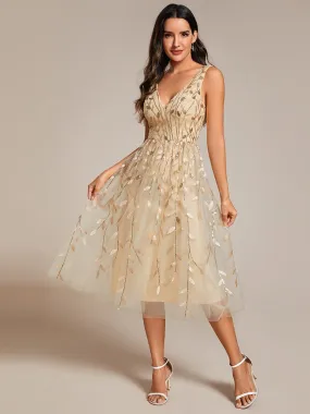 V-Neck Leaf Sequined Sleeveless A-Line Midi Wedding Guest Dress