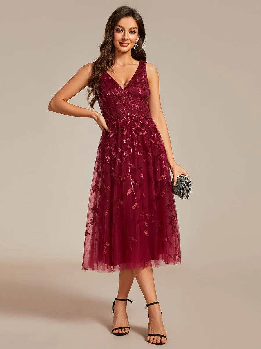 V-Neck Leaf Sequined Sleeveless A-Line Midi Wedding Guest Dress