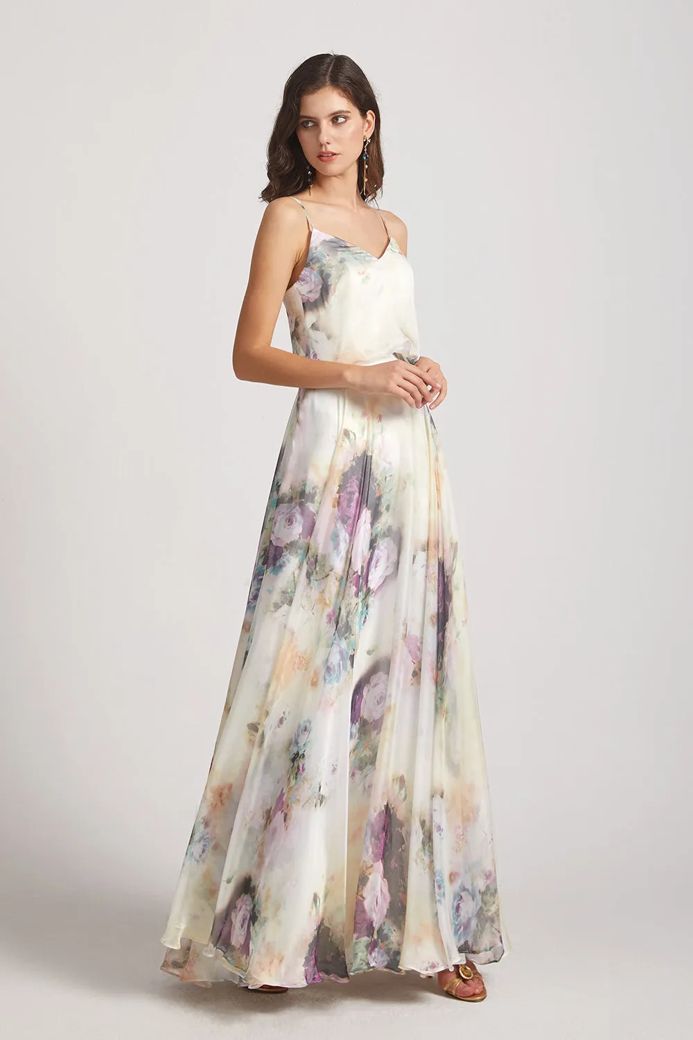 V-Neck Spaghetti Straps Floral Chiffon Bridesmaid Dresses (AF0125)