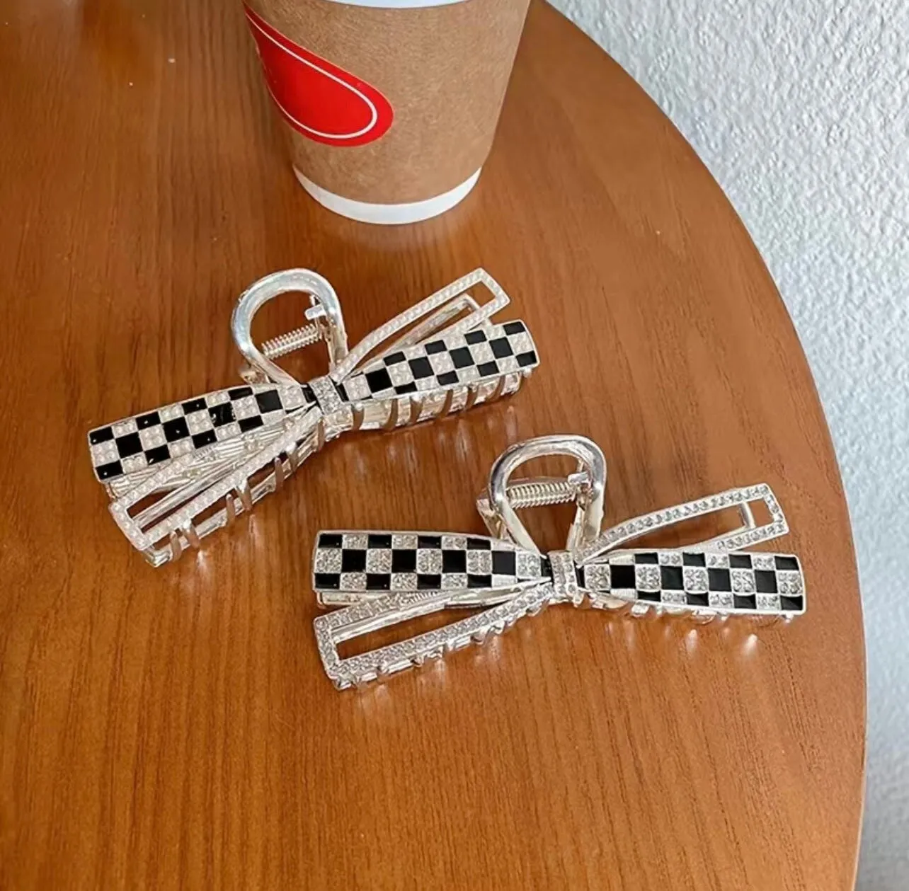 Vintage Check Metal Rhinestone Ribbon Hair Claw Clips Large Size Checkered Hair Clips Nonslip