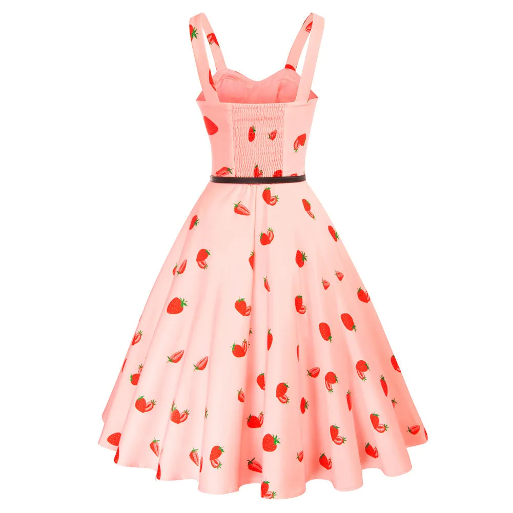 Vintage Fans Look of  Strawberry Print Sweetheart Neck Flared A-Line Dress with Belt