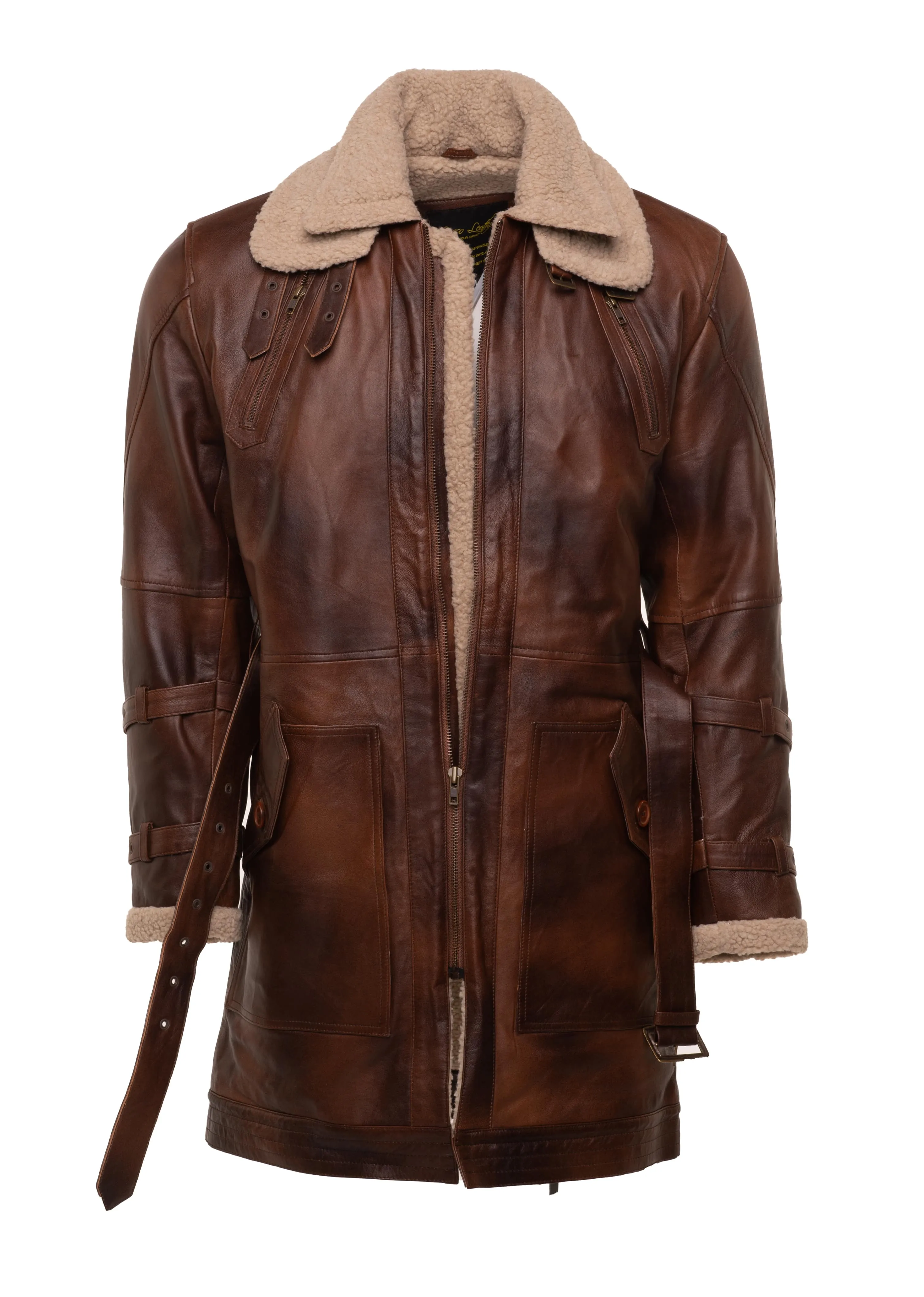 Timeless Vintage-Style 3/4 Length Leather Trench Coat with Cozy Sherpa Lining