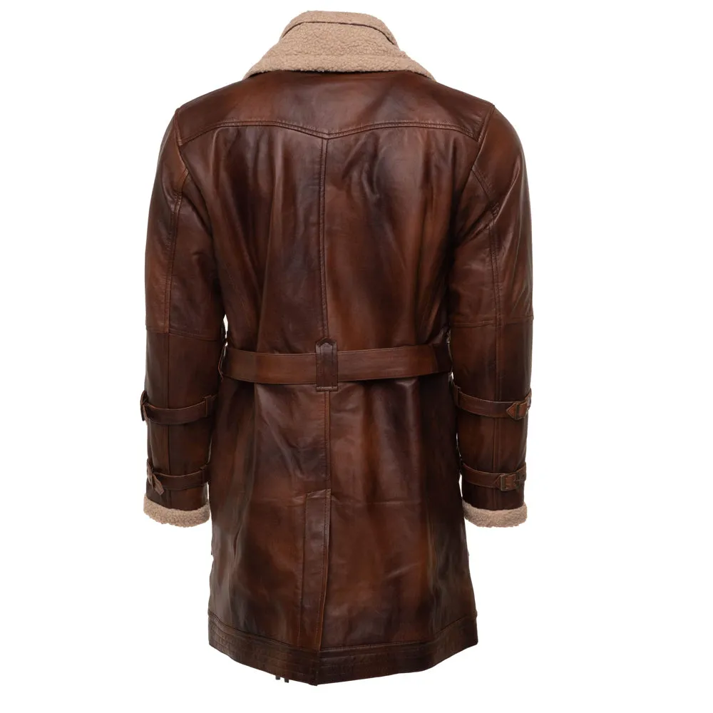 Timeless Vintage-Style 3/4 Length Leather Trench Coat with Cozy Sherpa Lining