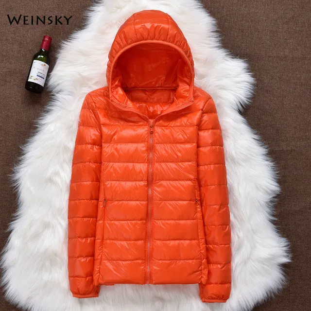 Winter Women Ultralight Thin Down Jacket White Duck Down Hooded Jackets Long Sleeve Warm Parka Portable Outwear