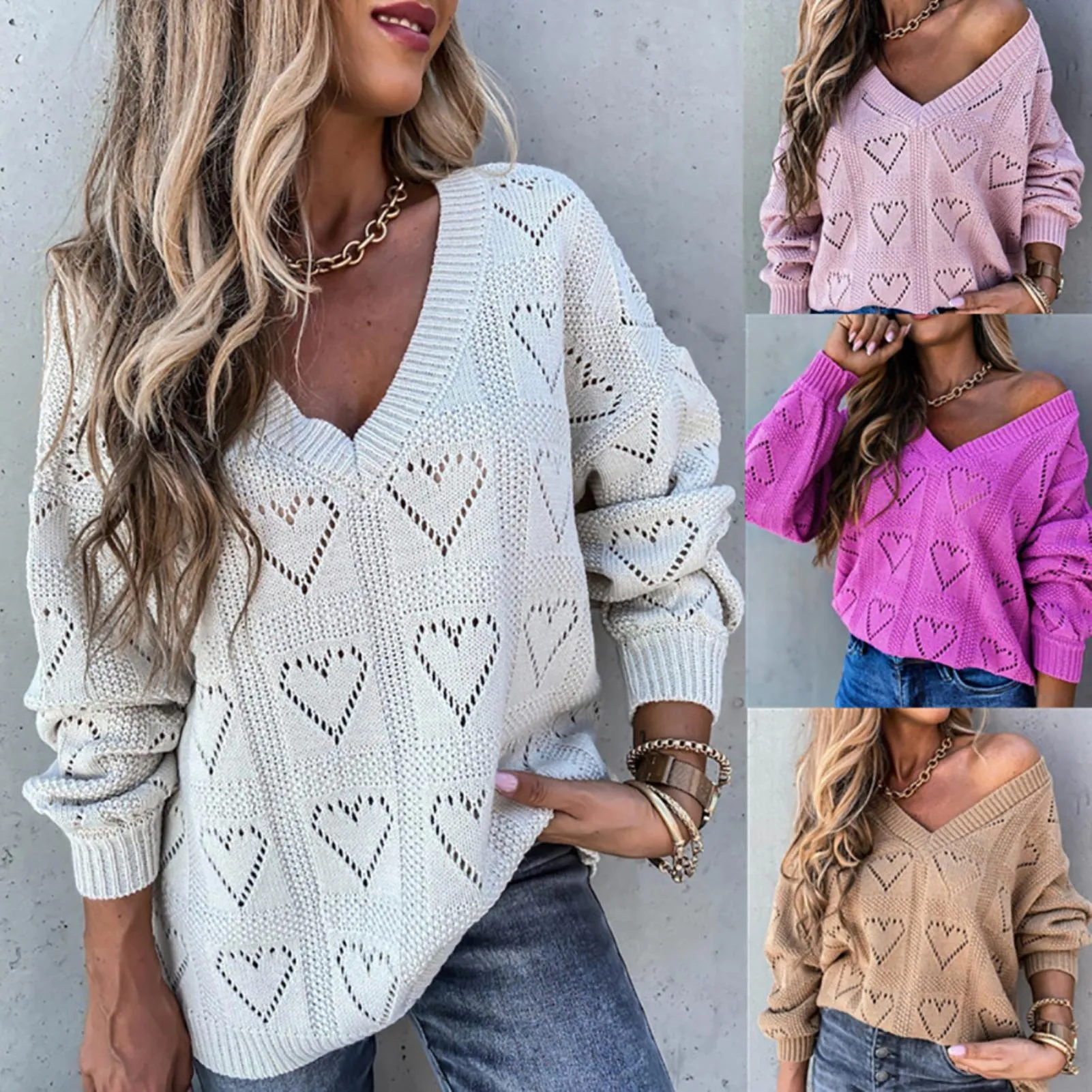 Women Autumn Winter Love Heart Hollow Crochet Sweater Loose V Neck Long Sleeve Casual Knitwear Jumper Rose Red/Pink/Khaki/White