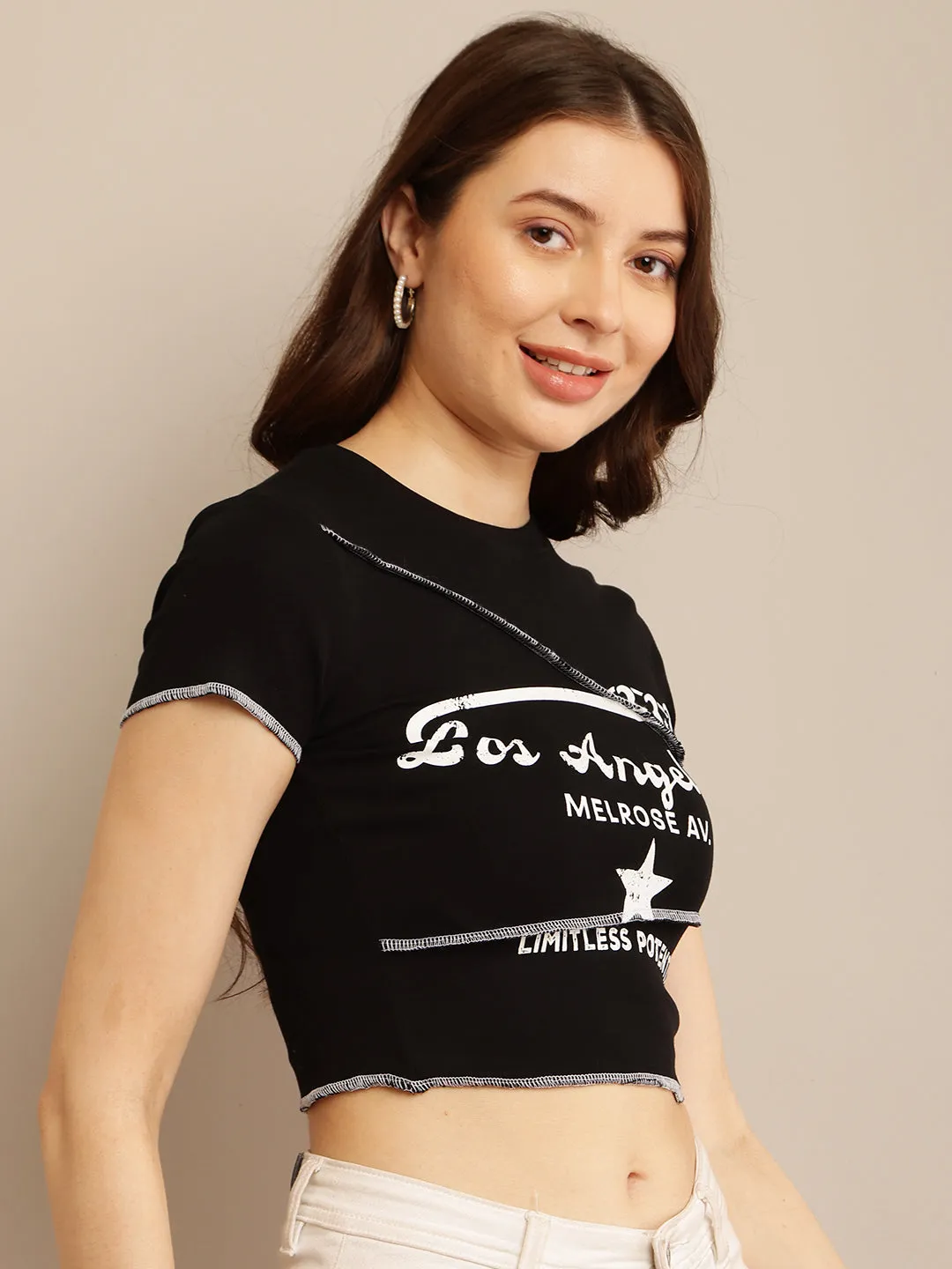 Women Black Short Sleeve Crop