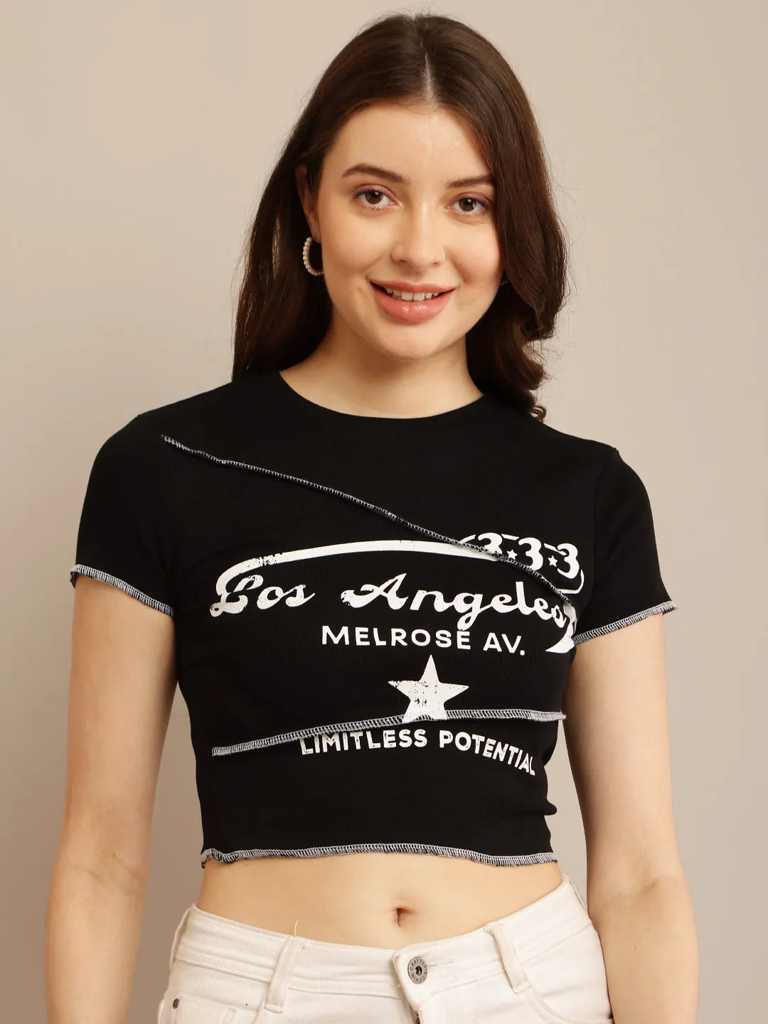 Women Black Short Sleeve Crop