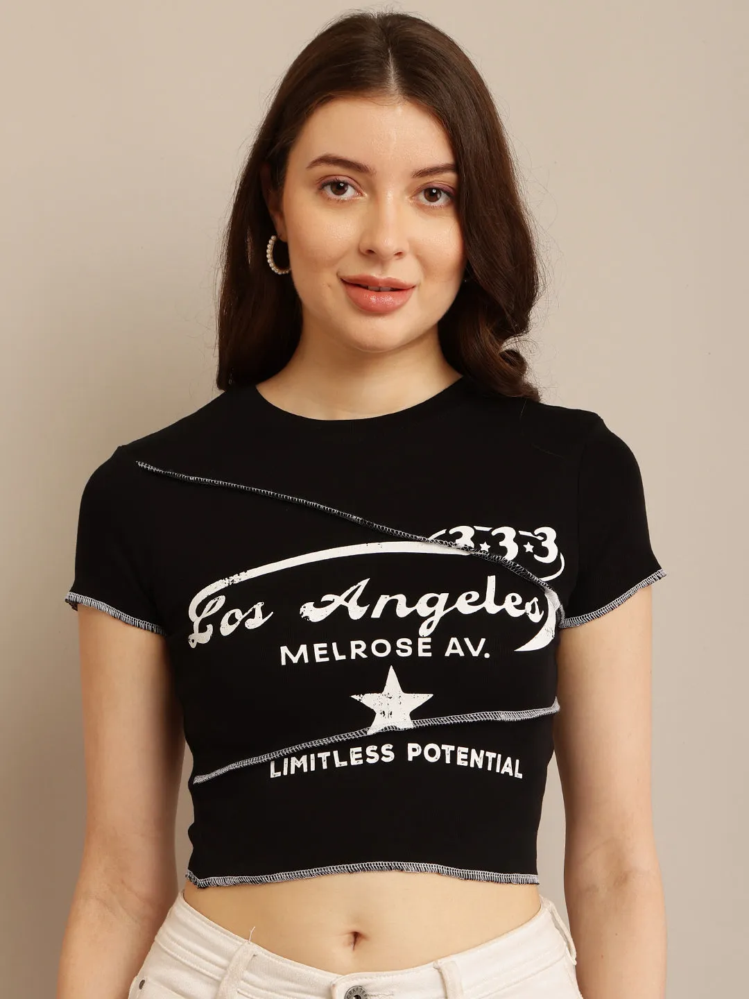 Women Black Short Sleeve Crop