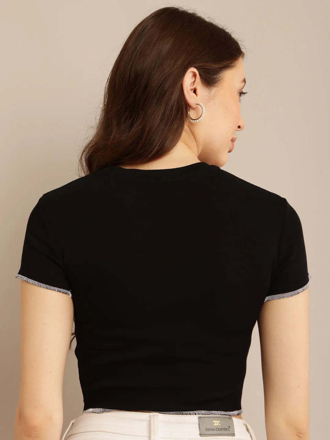 Women Black Short Sleeve Crop