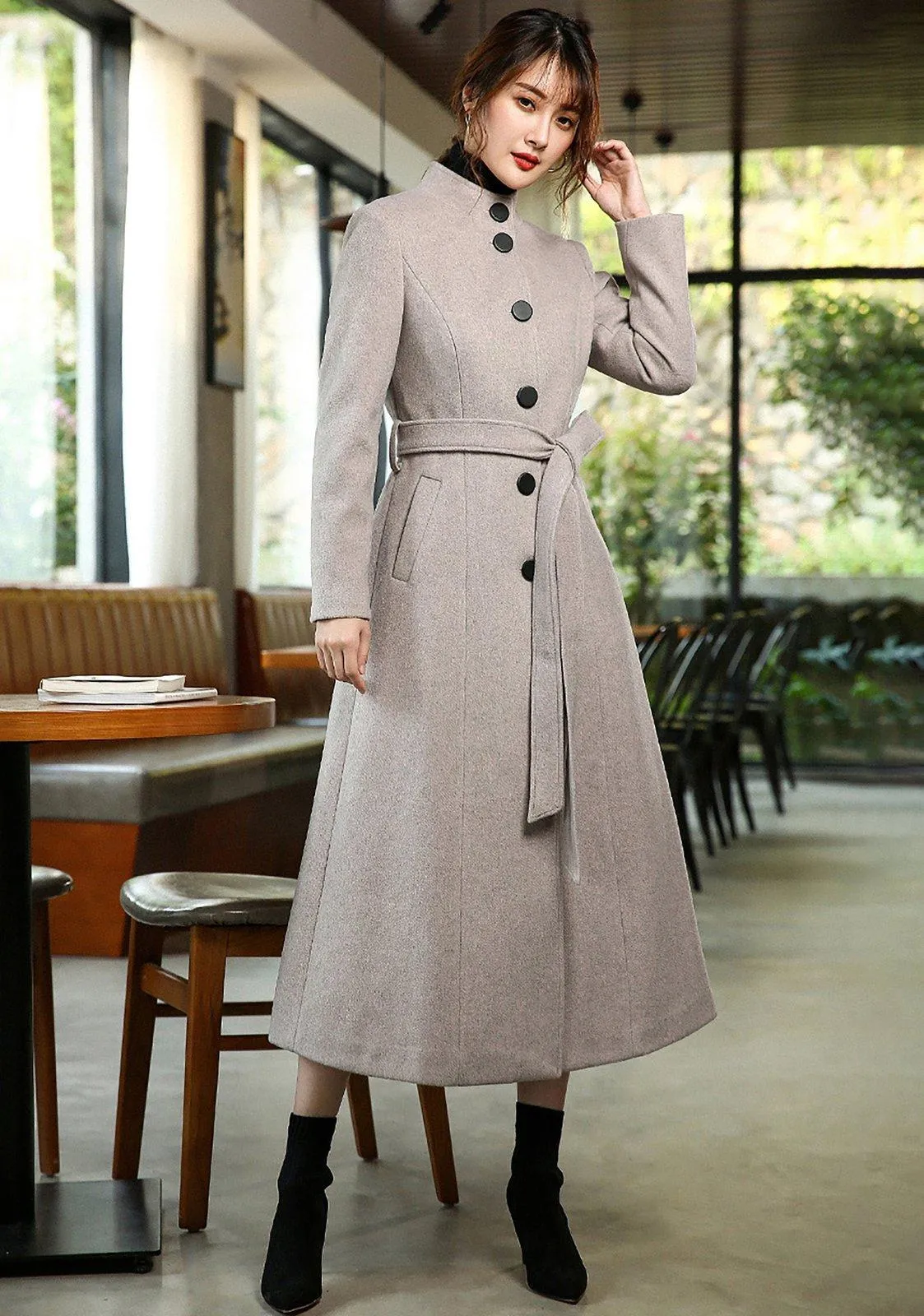 Women's Custom Gray Cashmere coat,super long over-the-knee slim Wool Coat,lace-up woolen coat,Autumn Winter coat for women,Women's Outerwear